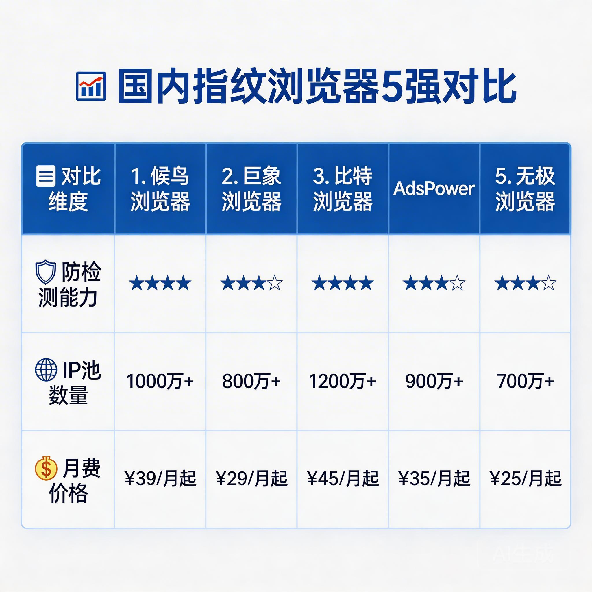 国内指纹浏览器 5 强对比图表